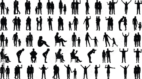 Large collection of black people silhouettes showing families, couples and individuals in different standing, walking and sitting poses isolated