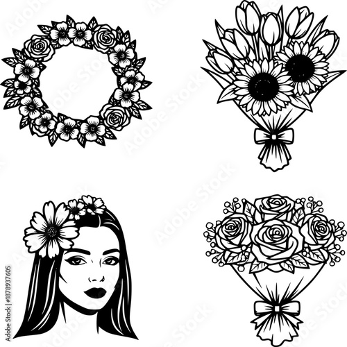 Vintage floral illustration of a girl with flowers featuring a seamless rose pattern and an ornate nature frame design for an invitation card