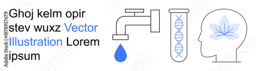 Biotechnology, genetics, sustainability, innovation, scientific research, water resources. Faucet with water drop, DNA test tube human brain and leaf. Biotechnology and genetics innovative solutions