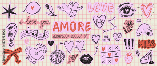 Funky hearts, valentine day love scrapbook sticker set. Crayon grunge scribble doodle collage elements. Vector scrapbook hand drawn collage illustrations for journaling, dairy, notebooks, social media
