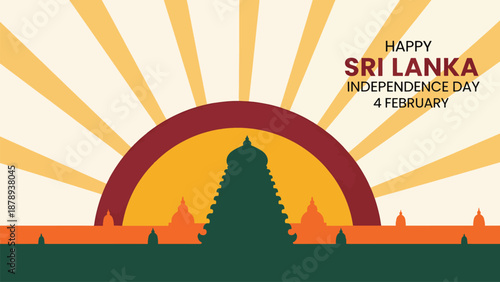 Stylized vector illustration celebrating Sri Lanka Independence Day on February 4th, featuring a traditional temple silhouette against a vibrant sunburst background.