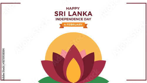 A vibrant graphic design celebrating Happy Sri Lanka Independence Day on February 4th, featuring a stylized red lotus flower against a yellow sun on a white background.