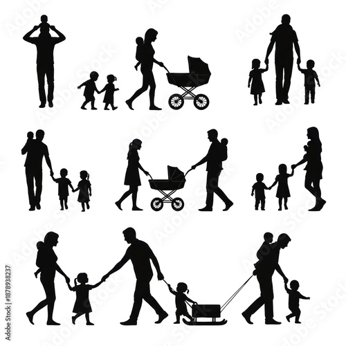 matte black silhouettes of diverse family structures (parents, children, infants) engaged in play, displayed on a clean transparent backdrop, flat lay composition, concept of universal parenthood
