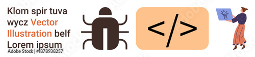 Software debugging, programming, coding, technology concepts, system security, bug fixing. A bug icon, coding symbol and person holding a programming-related board. Software debugging