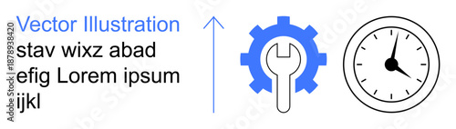 Time management, workflow optimization, mechanical engineering, productivity, efficiency, process improvement. Blue gear with wrench, black clock and upward arrow. Time management and workflow