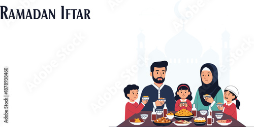 Ramadan Iftar, Muslim family dinner, evening meal, breaking fast, Islamic tradition, crescent moon, mosque silhouette, festive table, flat vector illustration
