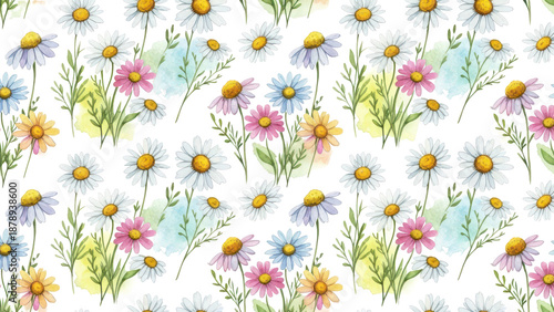Watercolor floral seamless pattern. Cute botanical print, blooming summer meadow illustration with ies on white background. Pastel color palette. Great for nursery design, textile
