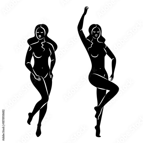Silhouette of a nice lady, she is standing. The girl has a beautiful naked figure. The woman is a young sexy and slender model. Vector illustration