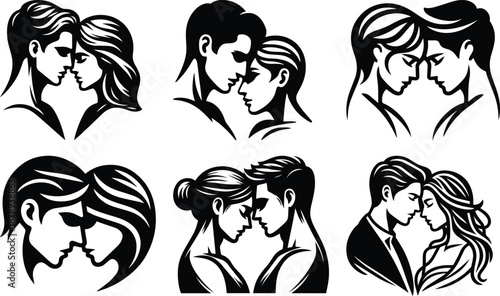 Valentine day forehead-to-forehead couple bundle silhouette icon vector art illustration