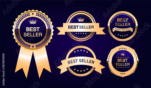Luxury Golden Best Seller Badge Set on Dark Blue Background