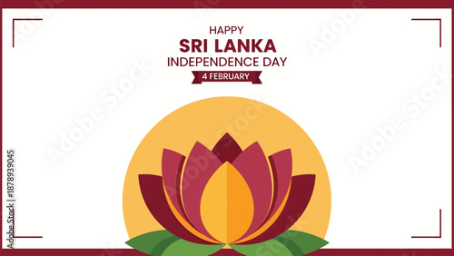 Happy Sri Lanka Independence Day greeting card with a prominent maroon and yellow lotus flower and a sun-like circle on a white background with a maroon border.