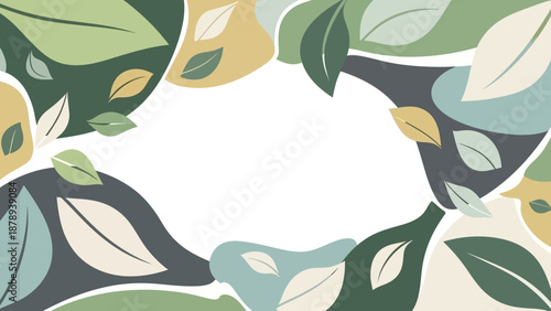 Organic Abstract Frame Border with Stylized Leaves in Muted Tones on Isolated White Background