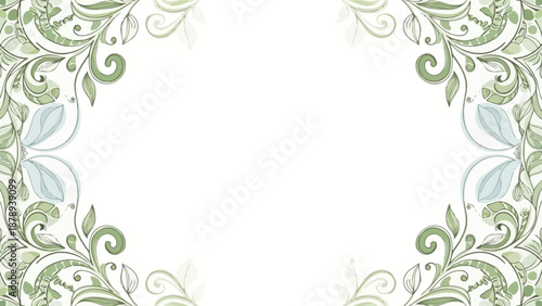 Elegant Floral Frame Border with Green Leaves and Swirls on Light Cream Background