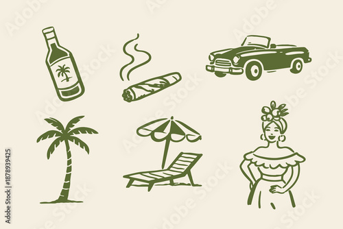 Cuban vacation icons hand drawn sketch vector illustration
