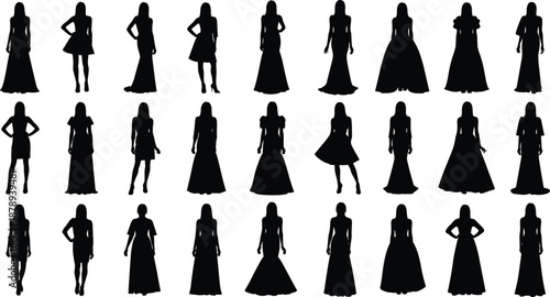 Set of Black Women Silhouettes Wearing Different Fashionable Dresses and Evening Gowns Isolated on White Background, Female Fashion Models Vector Illustration Silhouette Collection
