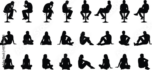 Set of diverse people silhouettes sitting on bar stools and floor including men and women relaxing using phones and waiting in casual postures for design