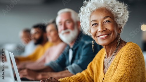 A diverse group of seniors happily learning and connecting using computers in a class setting.