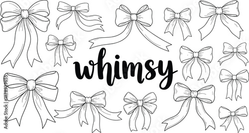 bow, ribbon, whimsy, cute, handdrawn, doodle, sketch, decorative, ornament, clipart, outline, lineart, floral, girly, feminine, craft, design, bundle, set, illustration