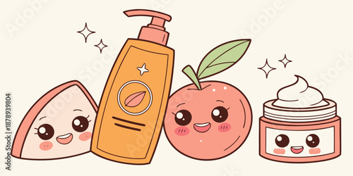 Kawaii Skincare Products and Fruit Characters Vector Illustration