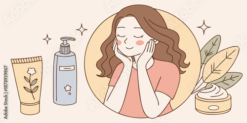 Skincare routine illustration with woman and beauty products