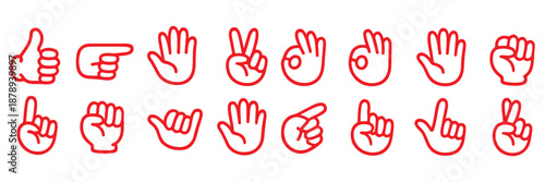  cartoon hands in white gloves showing various gestures like thumbs up, peace sign, pointing, fist, and open palms.