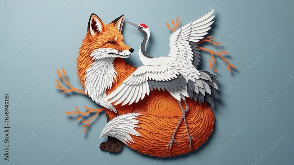 Fototapeta premium A fox and a crane in a paper cut style against a blue background.