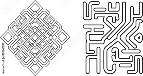Intricate abstract vector patterns featuring a complex geometric knot design and a modern labyrinth-style graphic, ideal for digital art and contemporary design projects