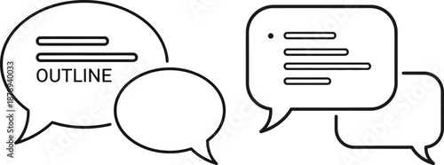 Minimalist vector illustration of speech bubbles with message outlines and text representing digital communication, online chat, and conversation concepts