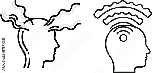 Two simplistic line drawings depicting a human head, one emitting wavy lines, the other emitting radio waves