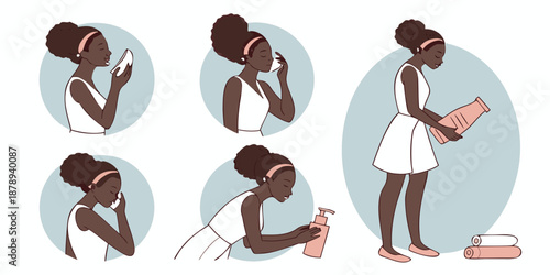 Black woman daily skincare and beauty routine vector illustration