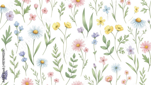 Watercolor floral seamless pattern. Cute botanical print, blooming summer meadow illustration with ies on white background. Pastel color palette. Great for nursery design, textile