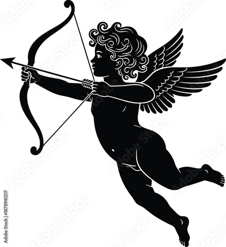 cupid angel cherub silhouette archer love romance valentine wings bow arrow flying classic vintage mythological symbol decorative vector illustration isolated design
