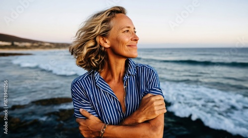 A beautiful senior woman enjoys the peaceful ocean view at sunset, smiling softly.
