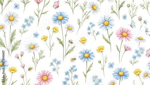Watercolor floral seamless pattern. Cute botanical print, blooming summer meadow illustration with ies on white background. Pastel color palette. Great for nursery design, textile