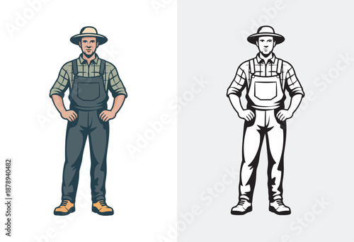 Strong Farmer Standing With Hands On Hips In Overalls And Wide Straw Hat