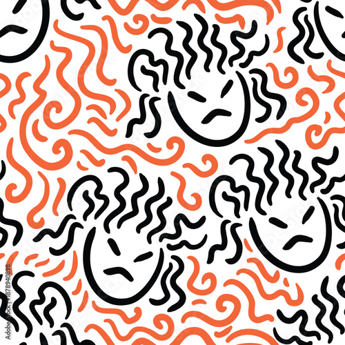 Curly hair doodle seamless pattern. Hand drawn orange doodle pattern.