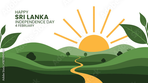 A vibrant illustration celebrating Sri Lanka Independence Day on February 4th, featuring green rolling hills, a winding path, and a bright rising sun.