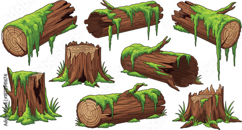 Mossy fallen logs and tree stumps illustration set for forest, nature, fantasy game environment design