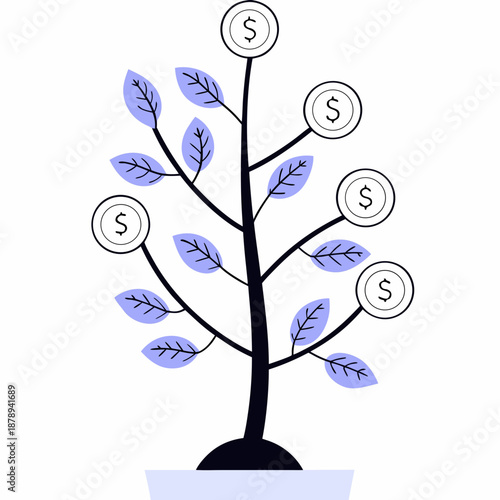 Money Tree with Dollar Coins and Purple Leaves investment growth