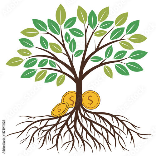 Tree with green leaves and gold coins at base roots
