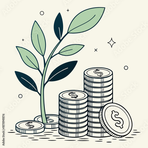 Stacked coins with growing plant symbolizing savings growth