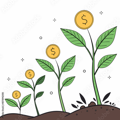 Cartoon plants with dollar coins growing from soil 1