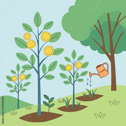 Cartoon of money trees being watered coins plants growth