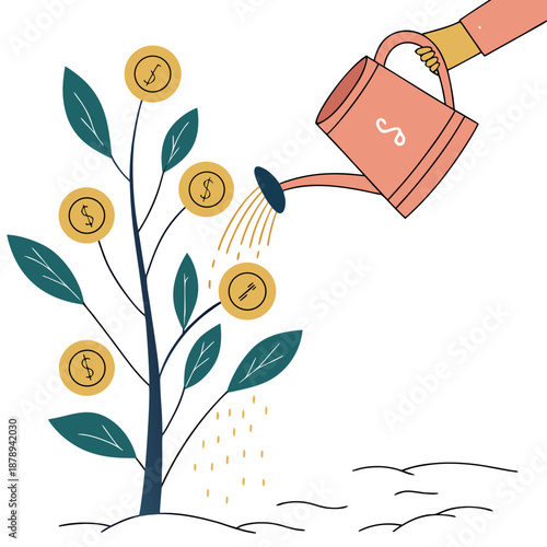 Depiction of financial nurturing watering plant with coins