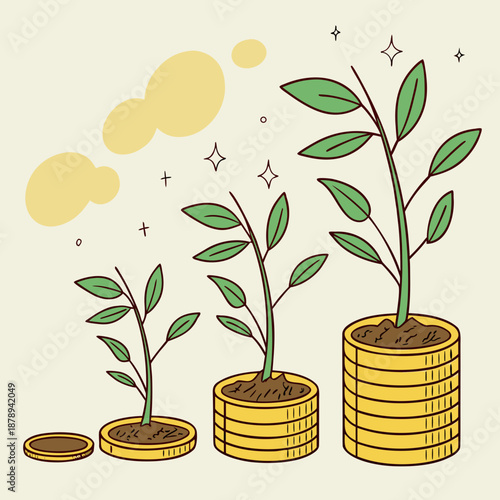 Investment patience concept with gradual plant growth from coins