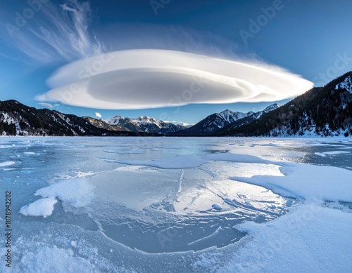 Frozen lake, mountains, lenticular cloud, crisp sky