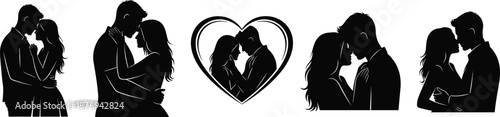 love couple silhouette romance romantic valentine kissing relationship affection passion intimacy tender hug embrace wedding engagement dating together forever illustration