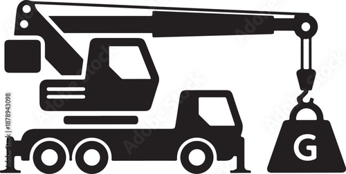 Black silhouette of a crane truck lifting a weight