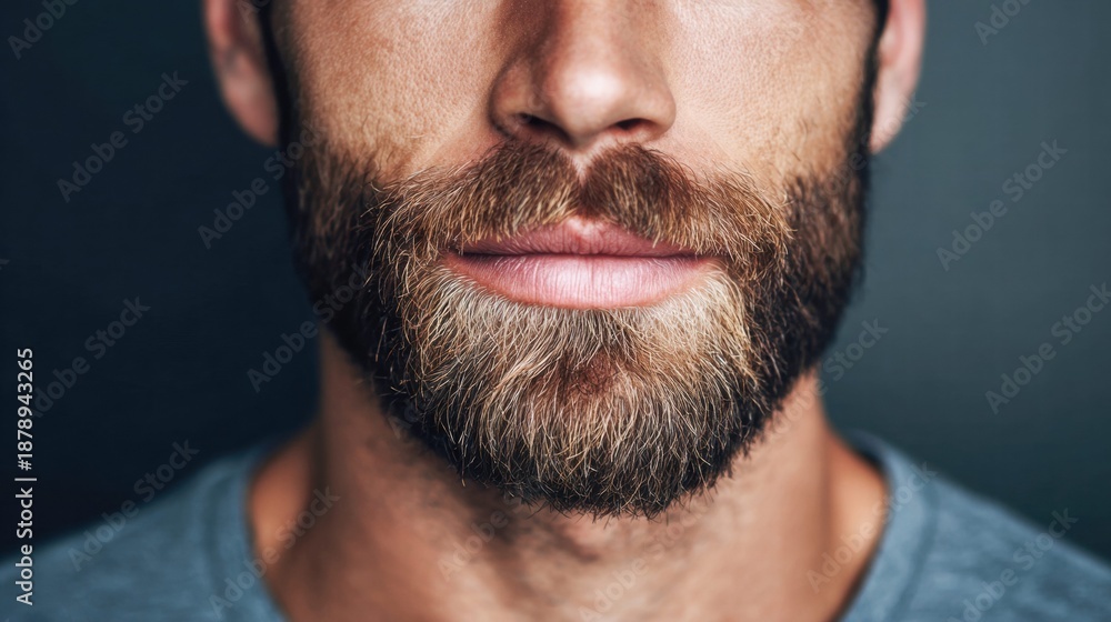 Obraz premium Close-up of a man's face with a full, well-groomed beard and a neutral expression.