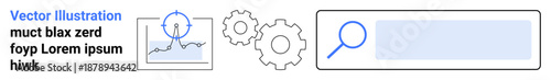 Data analysis, process optimization, search tools, workflow automation, technology, market research. Graph with gears and search bar icons. Data analysis and process optimization concept